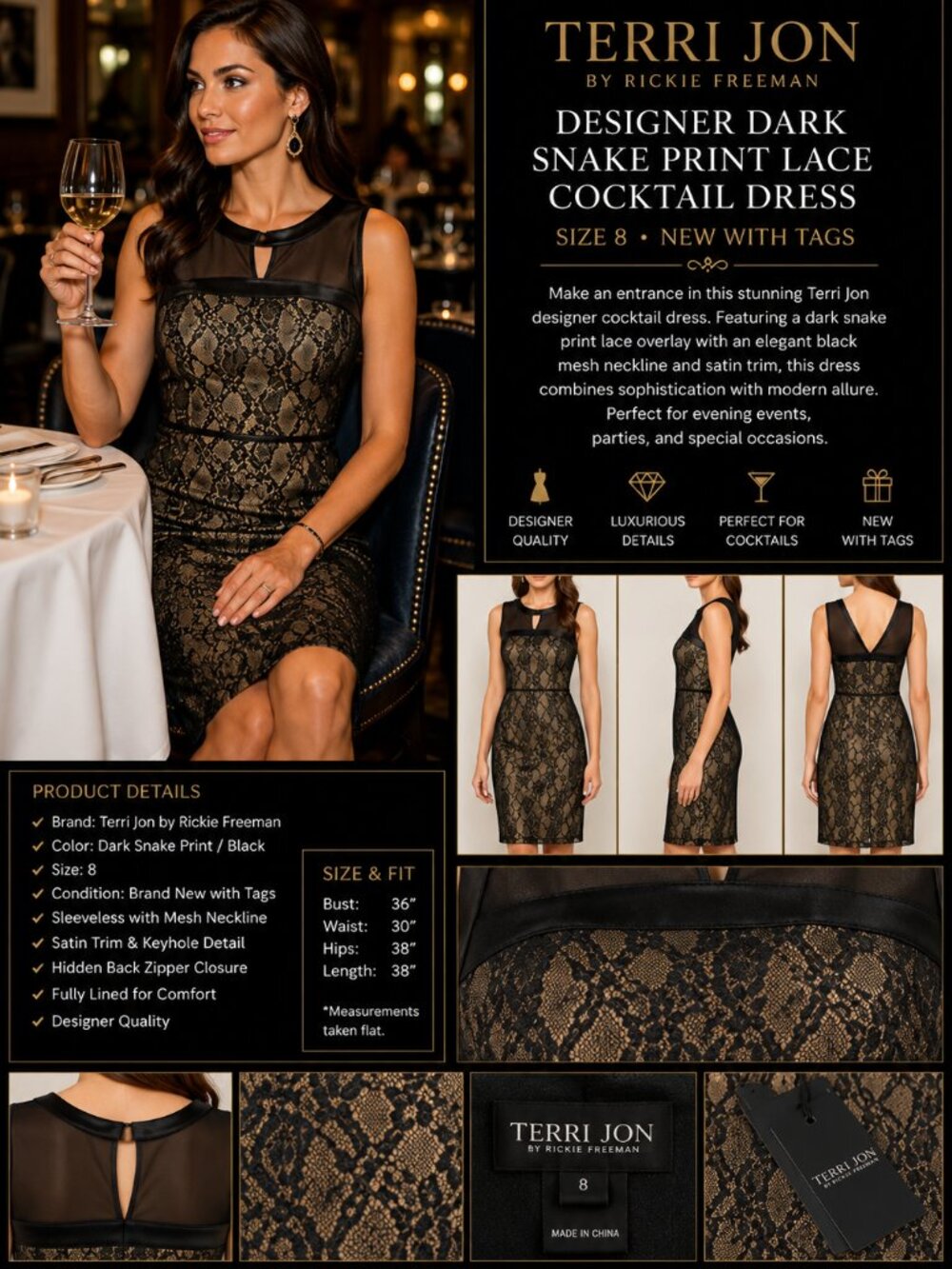 NEW Terri Jon Designer Dark Snake Print Lace Cocktail Dress Women’s Size 8